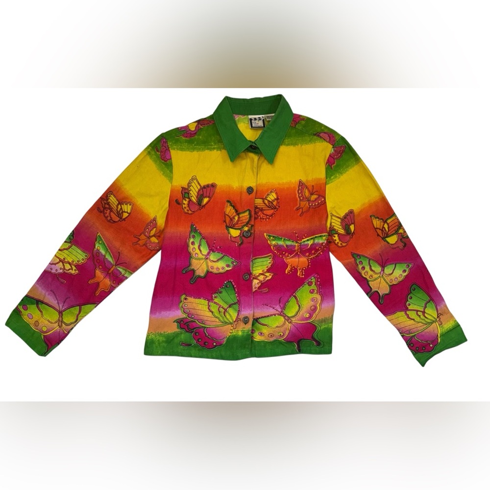 Take Two Butterfly Beaded Shirt Vintage Y2K Colorful Tie Dye Button L